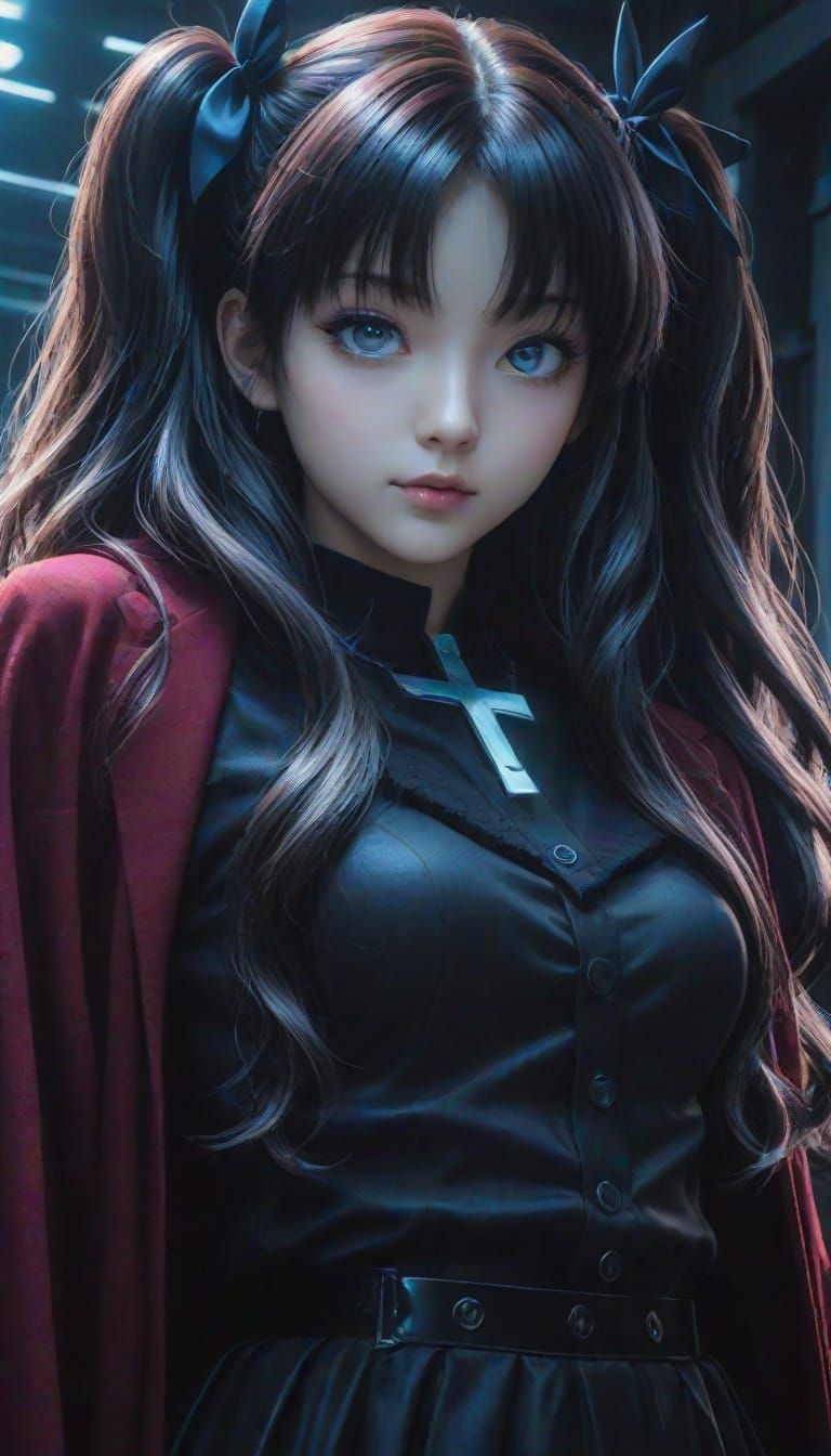Anime Girl with Aqua Eyes and Wavy Black Hair