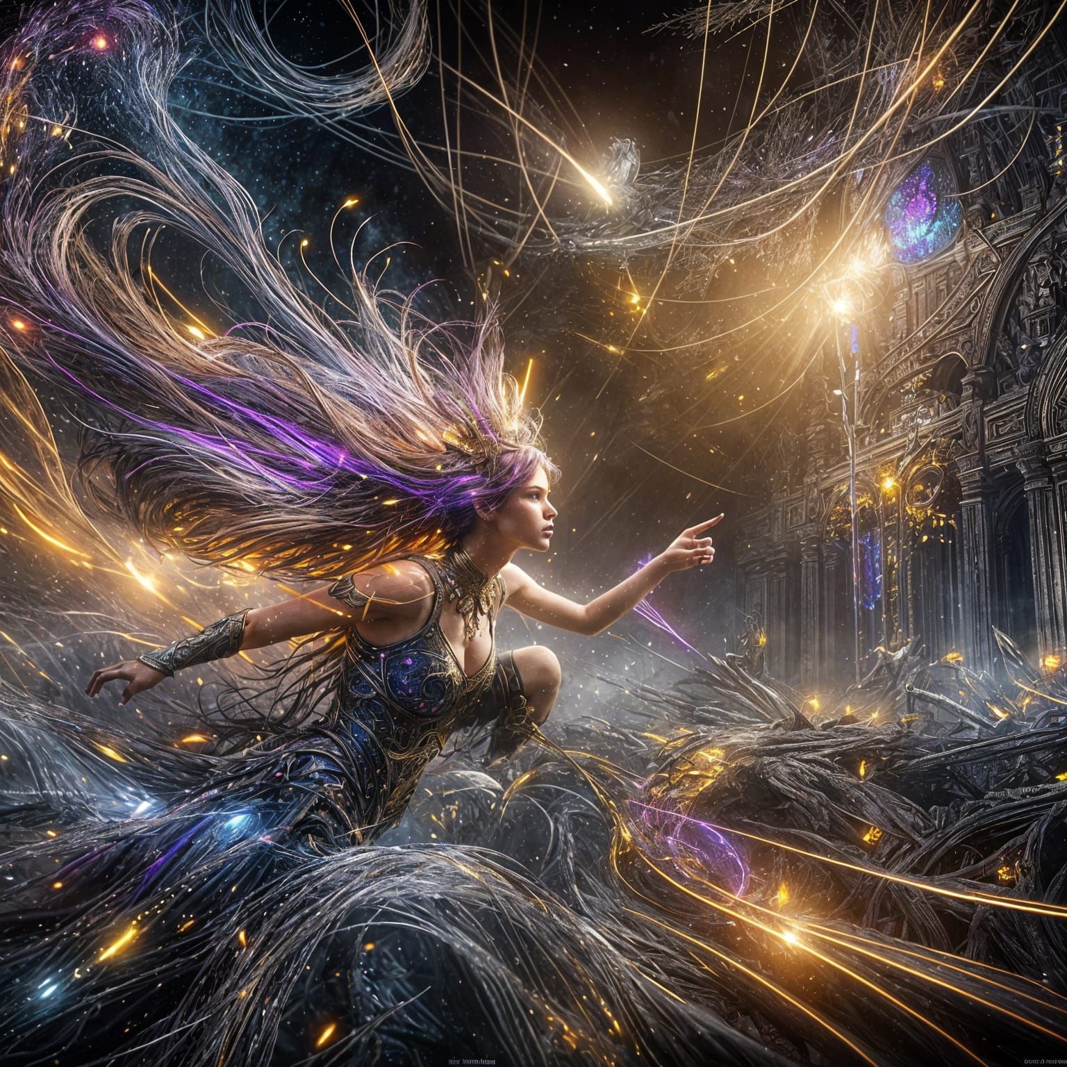 Dark Fantasy Girl Amidst Vivid Lights in 8K