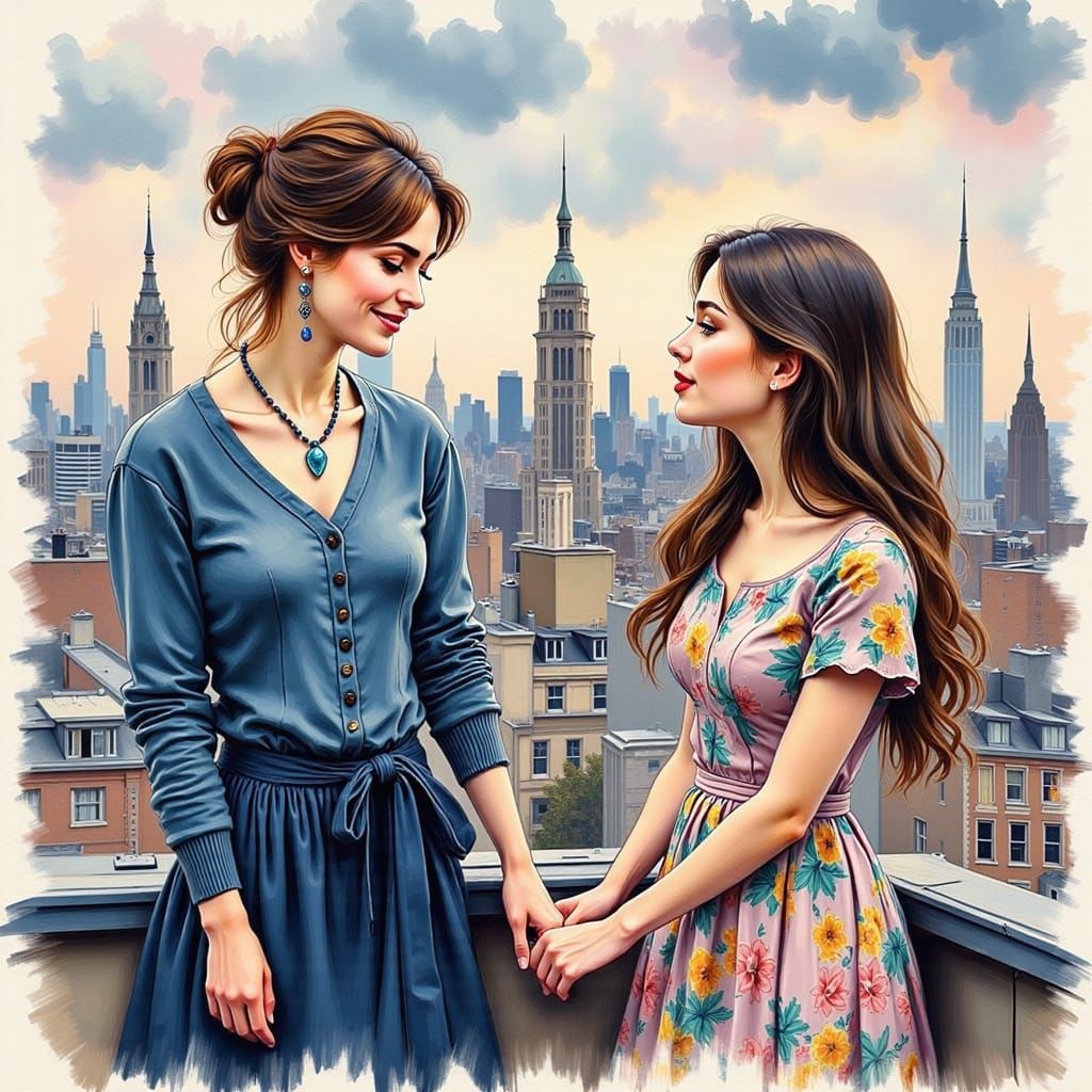 Young Woman in Tender Moment on Rooftop in Impressionist Sty...