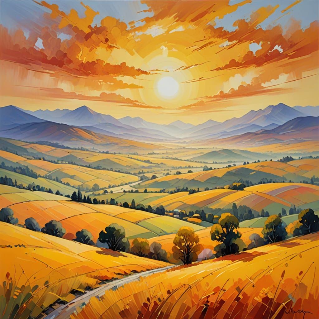 Warm Fauvist Landscape with Rolling Hills and Distant Mounta...