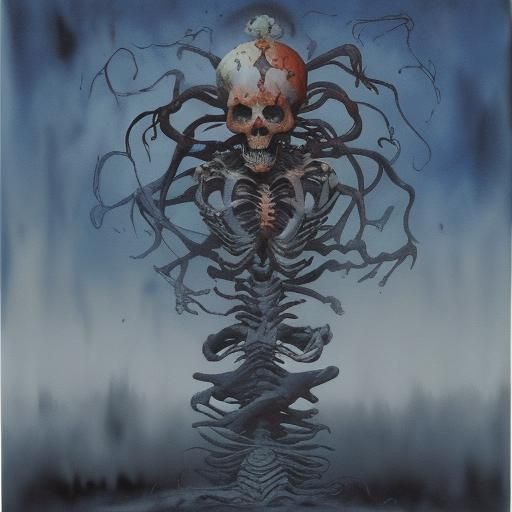 Surreal Skeleton in Gouache and Watercolor Style