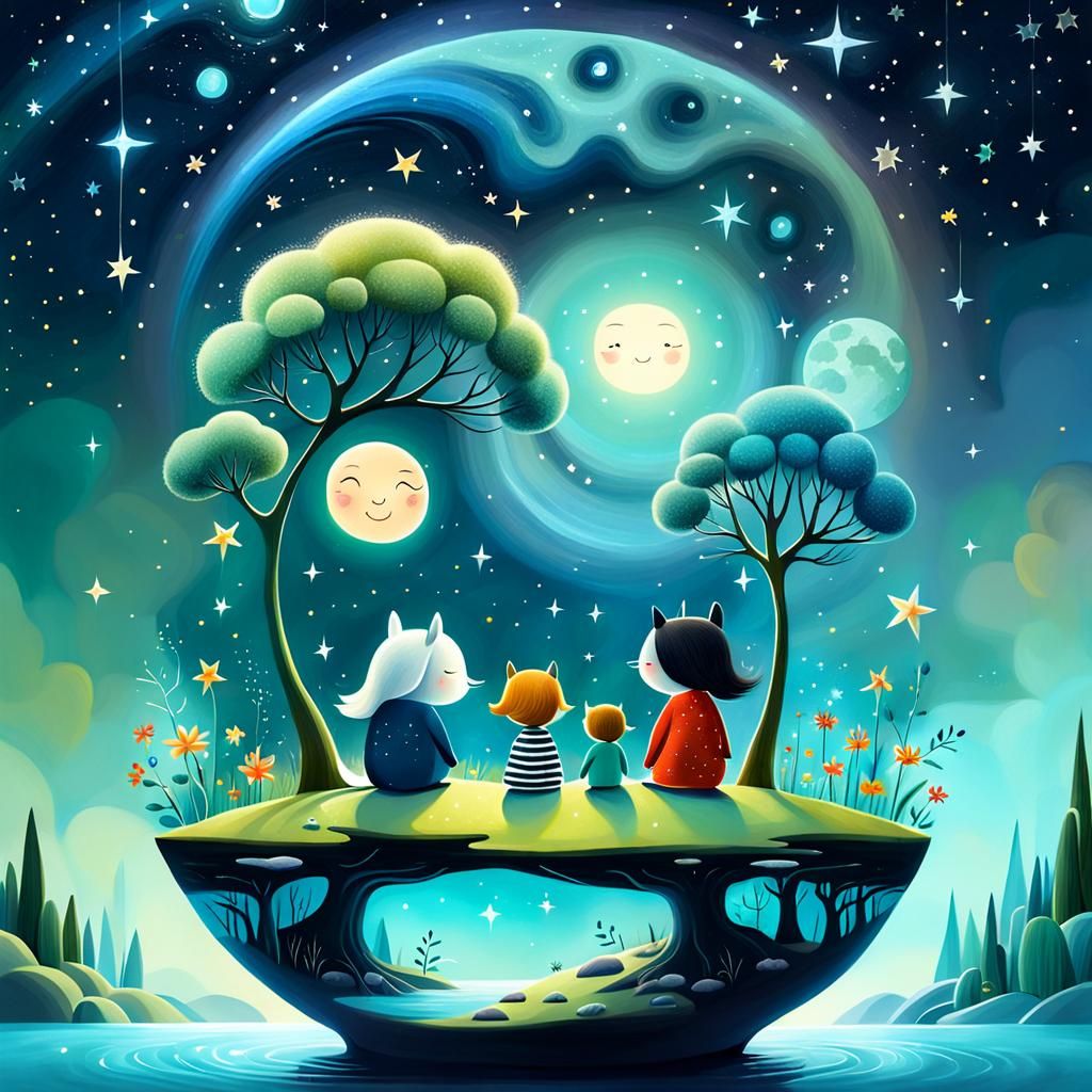 Whimsical Celestial Dreamscape of Friendship