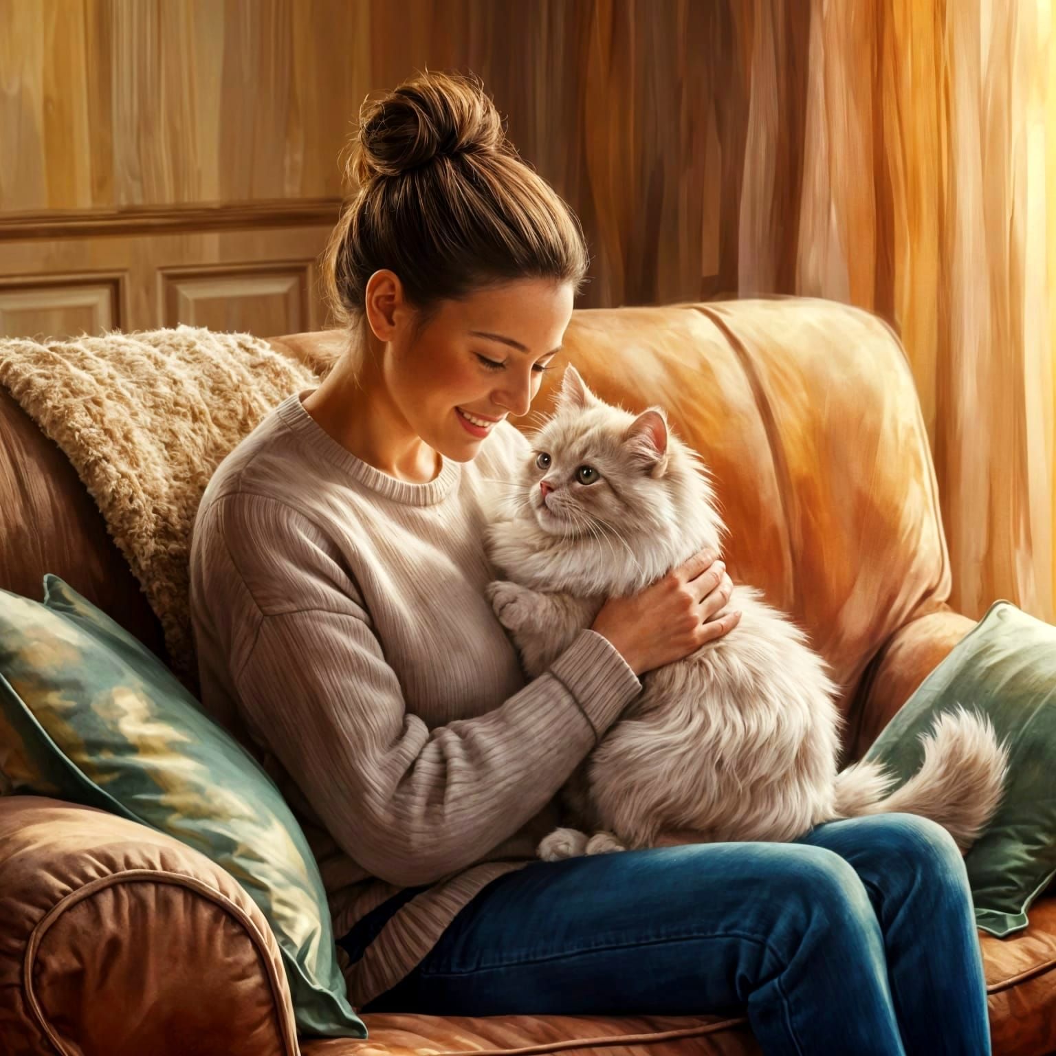 Warm Cozy Moment with Woman and Feline Friend in Oil Paintin...