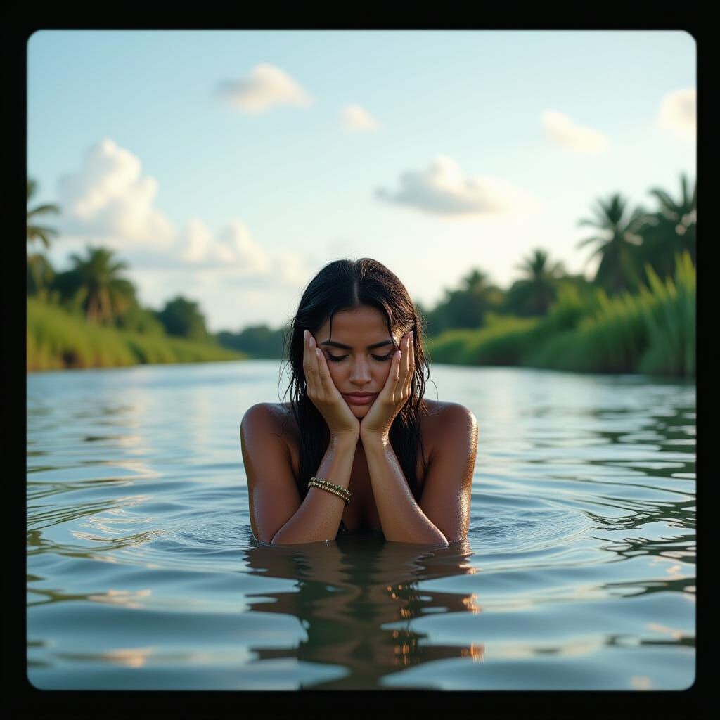 Indigenous Woman Washing in River: Cinematic Film Still