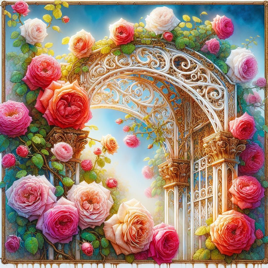 Vintage-Style Roses Entwined in Ornate White Trellis