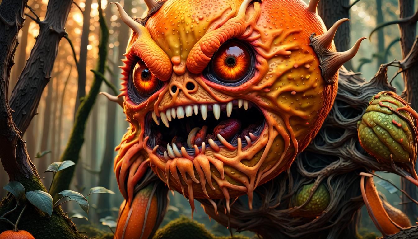 Hyperrealistic Orange Fruit Monster in Enchanted Forest