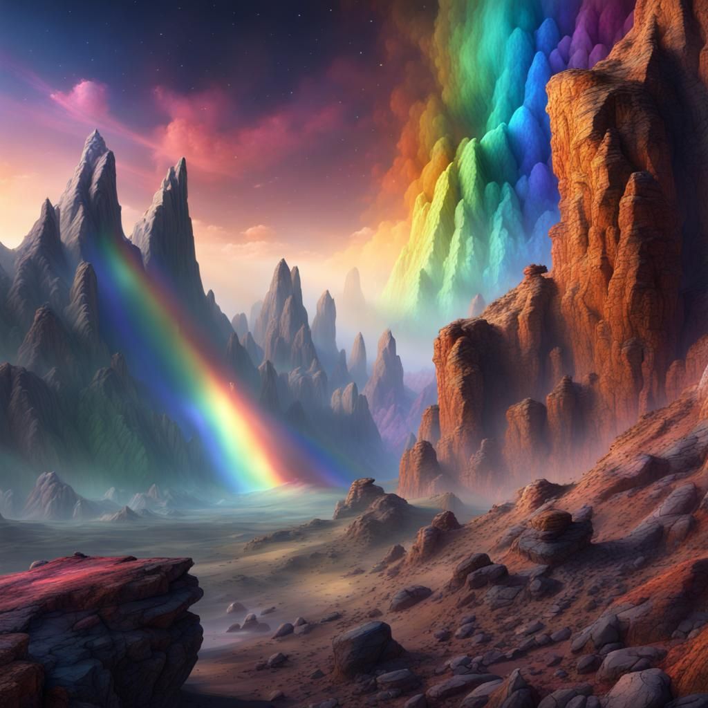 Rainbow Mountain Landscape with Fractal Starscape