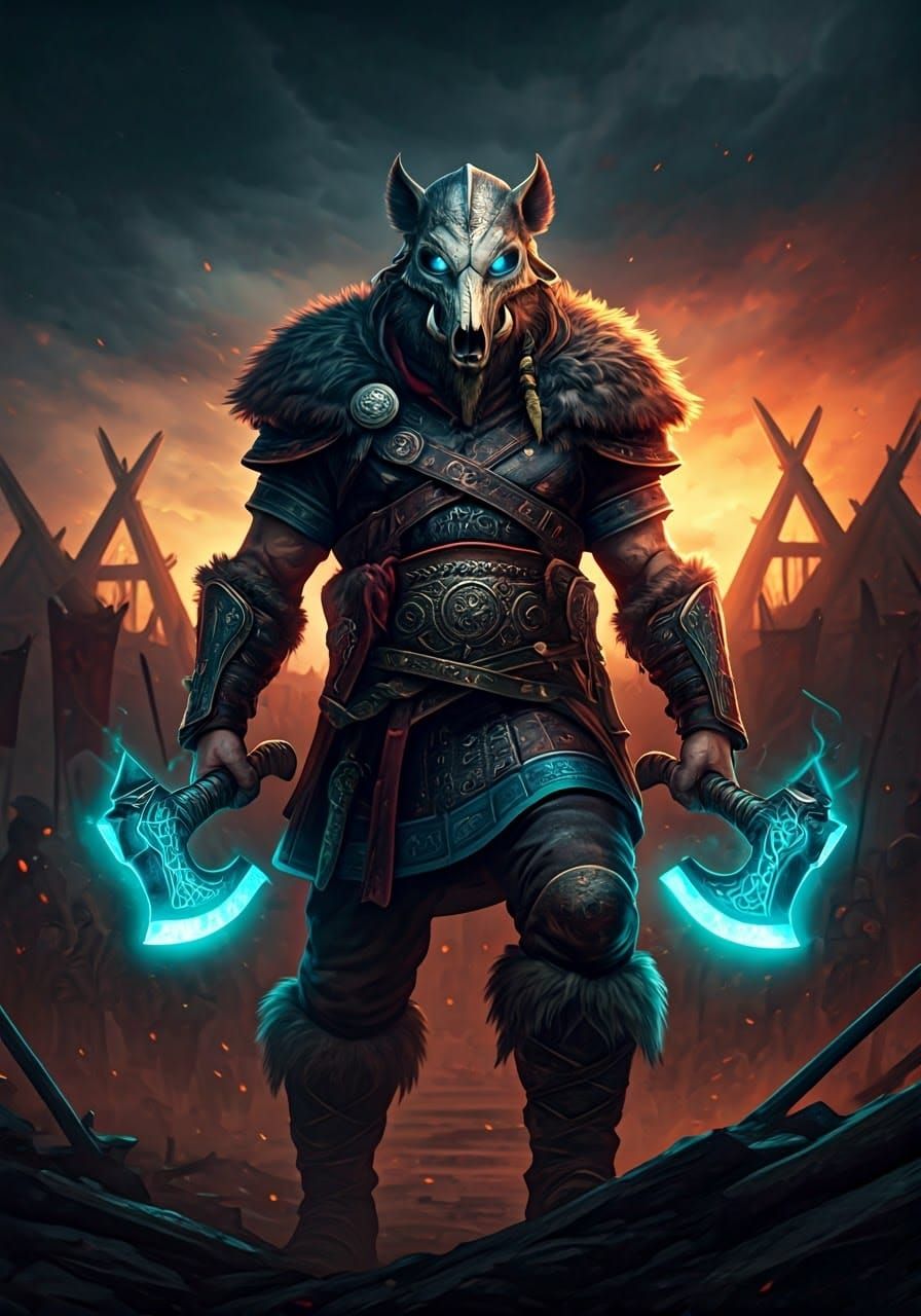 Viking Berserker in Burning Village, Cinematic 3D Art