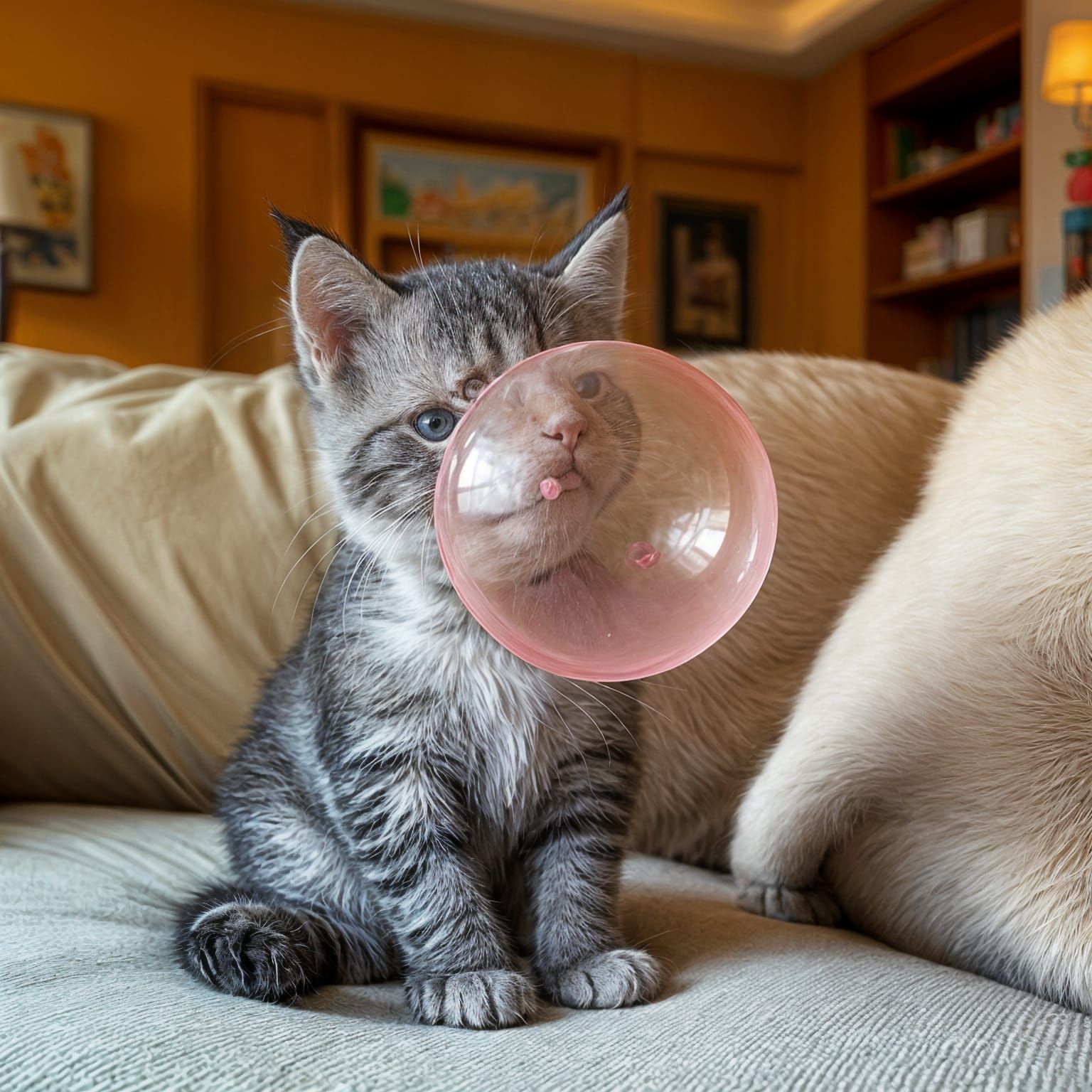 Whimsical Kitten Blows Giant Pink Bubble Gum Bubble