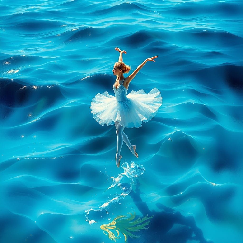 Ethereal Ballerina Dances on Ocean Waves in Dreamlike Scene