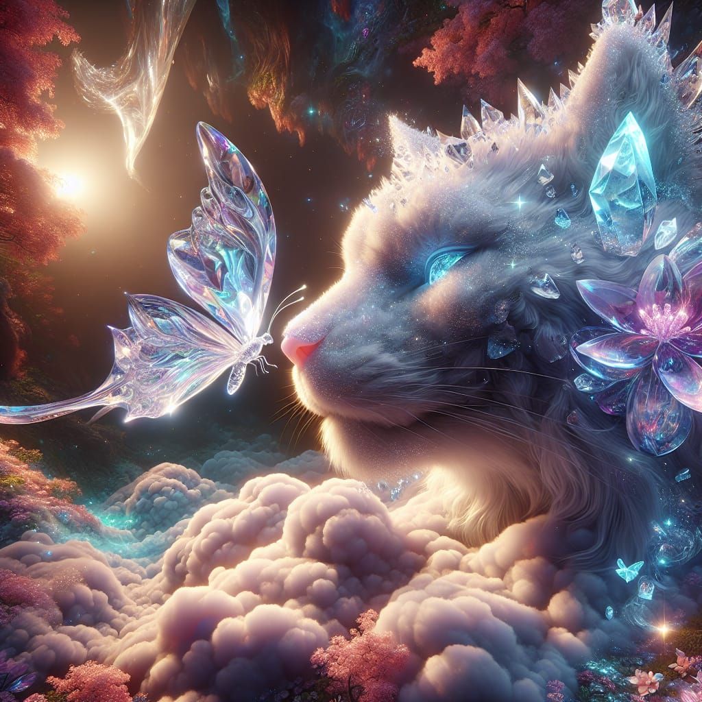 Crystal Butterfly and Cloud Cat in Magical Garden