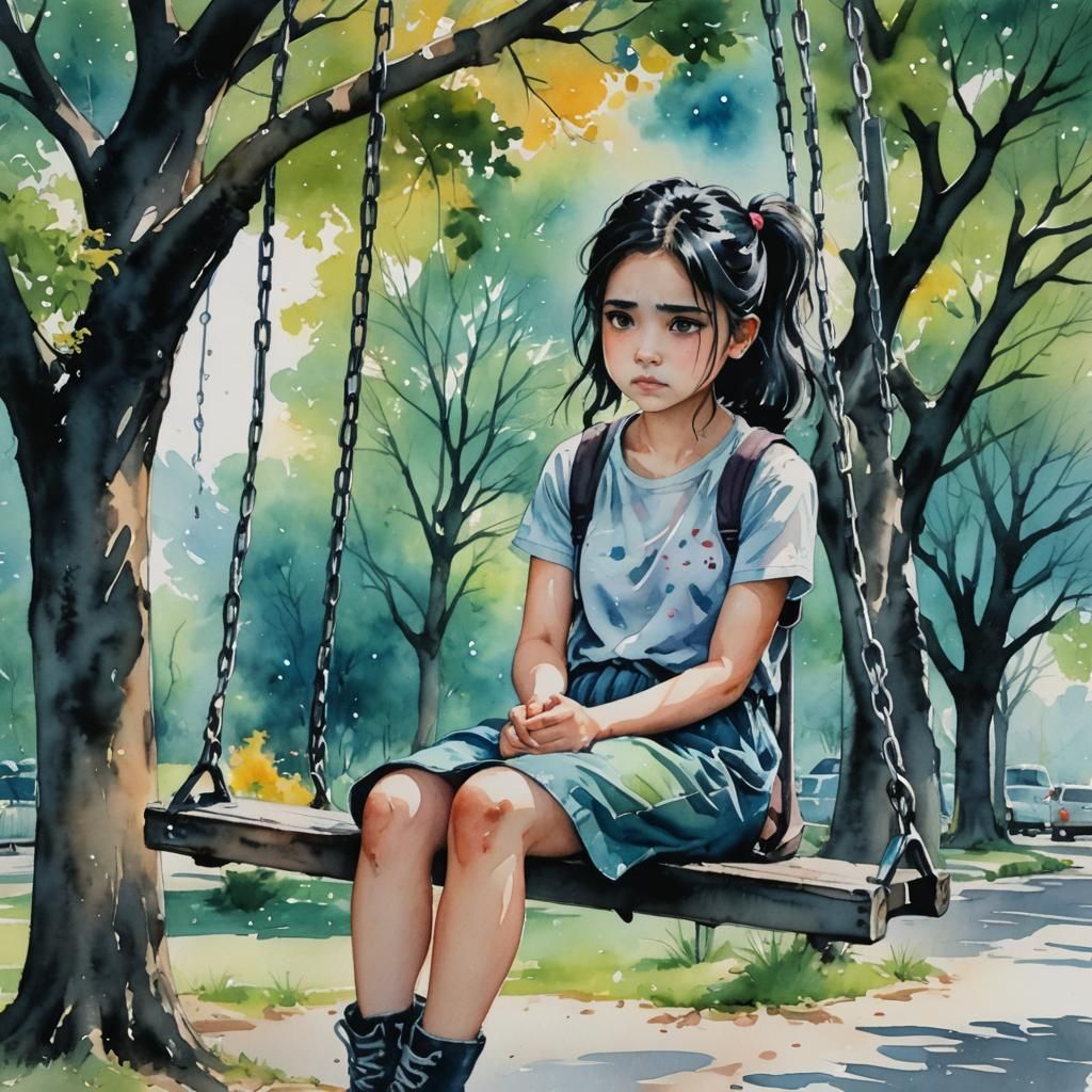 Sad Girl on Swing in Watercolor Park