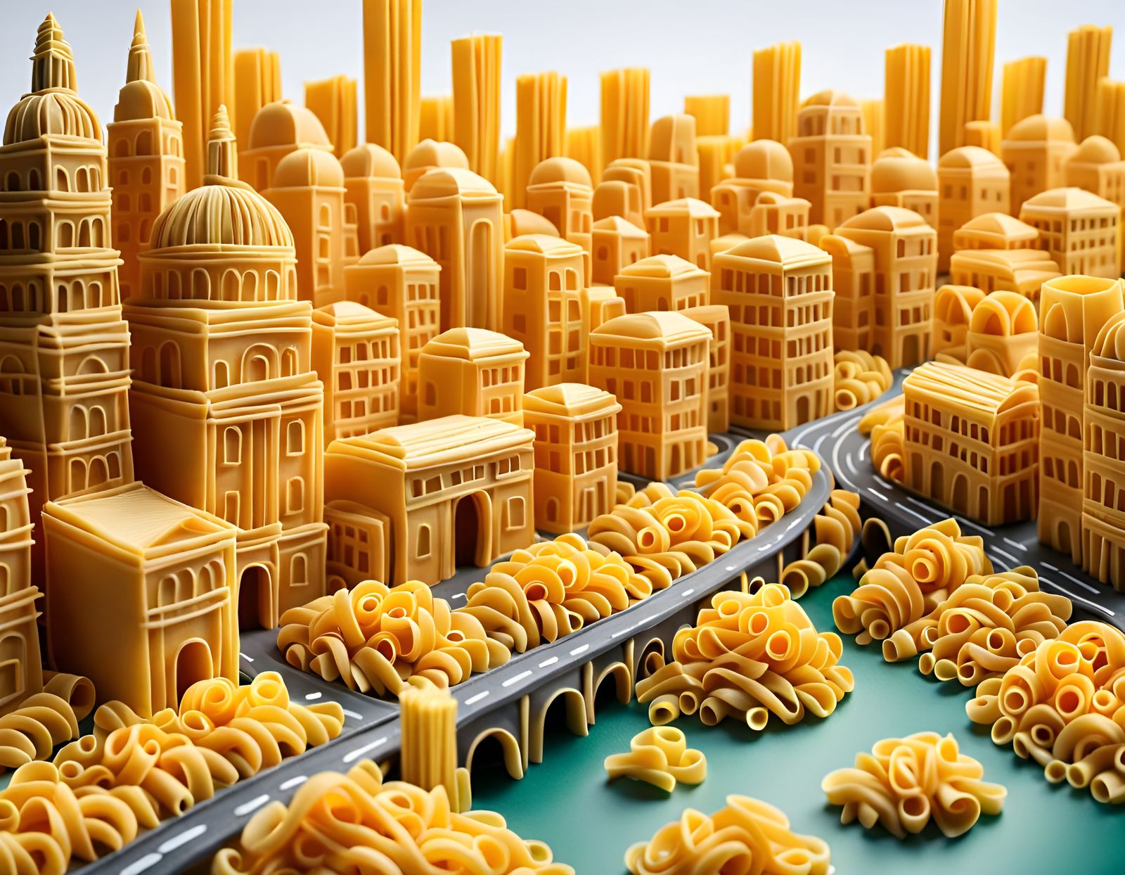 Pasta Cityscape Illustration, Detailed Concept Art
