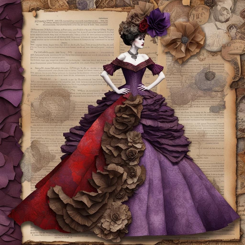 Fine Art Paper Collage Couture Ball Gown : Arms Behind Dress : Alexander McQueen Savage Beauty : Purple Brown Red Color ...