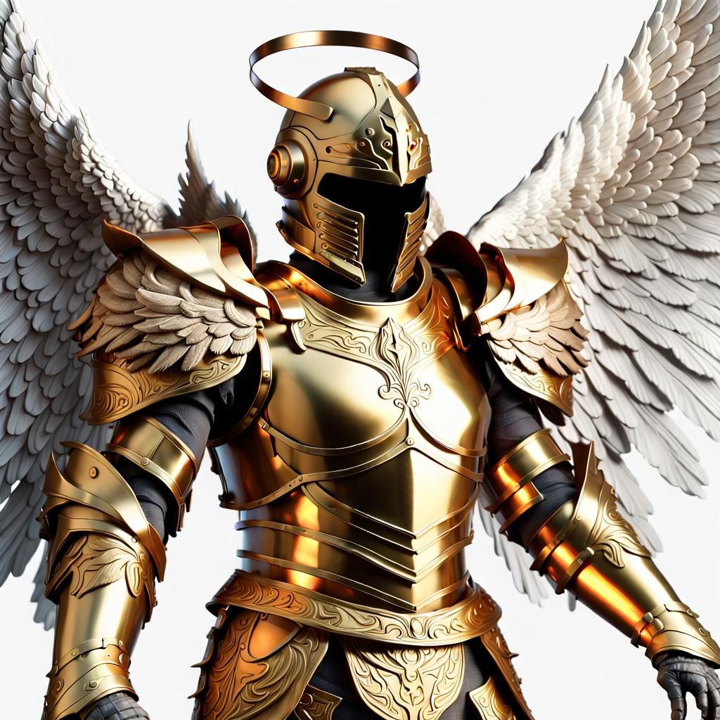 The Angel Knight in full golden armour, metallic, golden heavy armour, Majestic full helmet, glowing white angel wings, ...