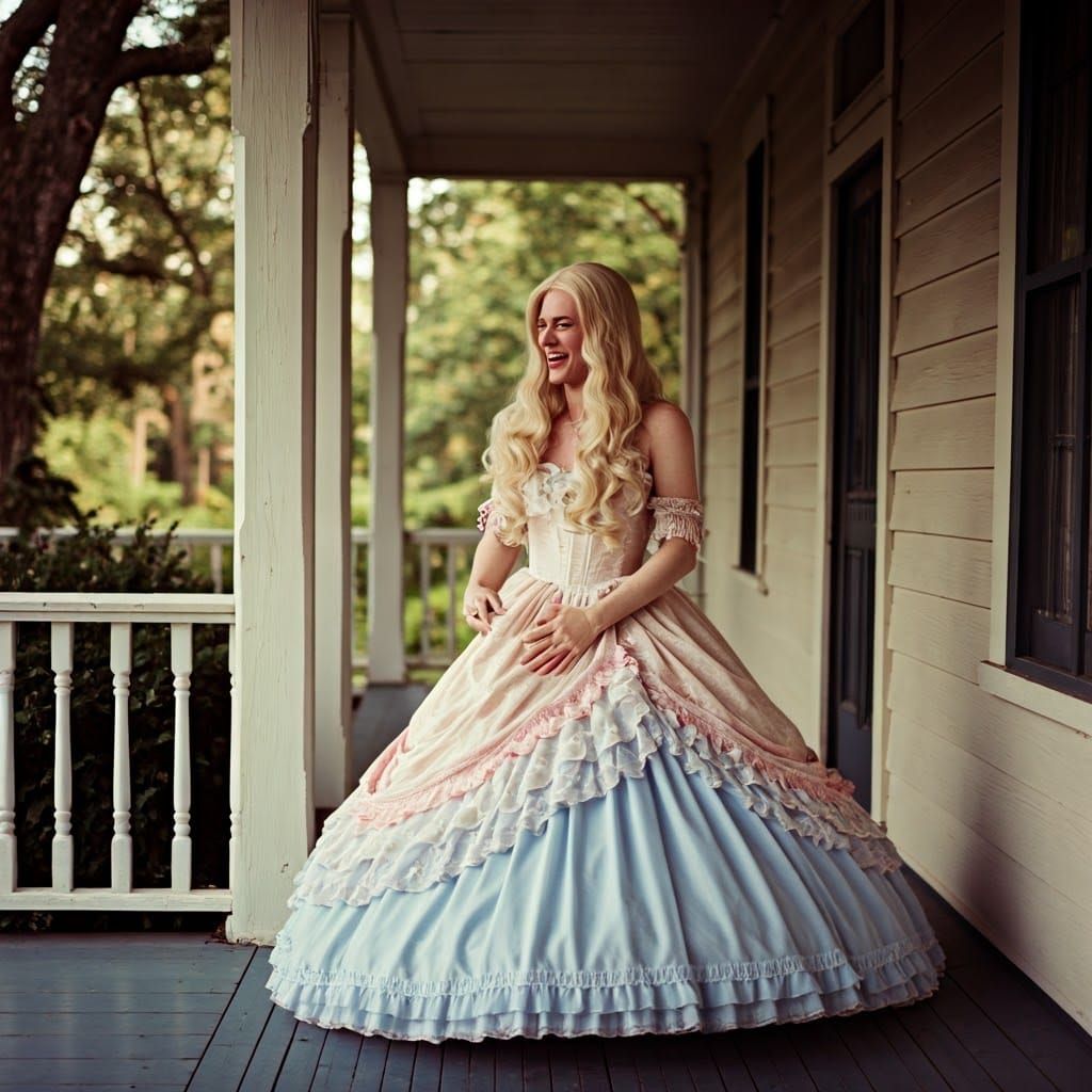 Crossdressing Woman Laughs in Southern Belle Gown