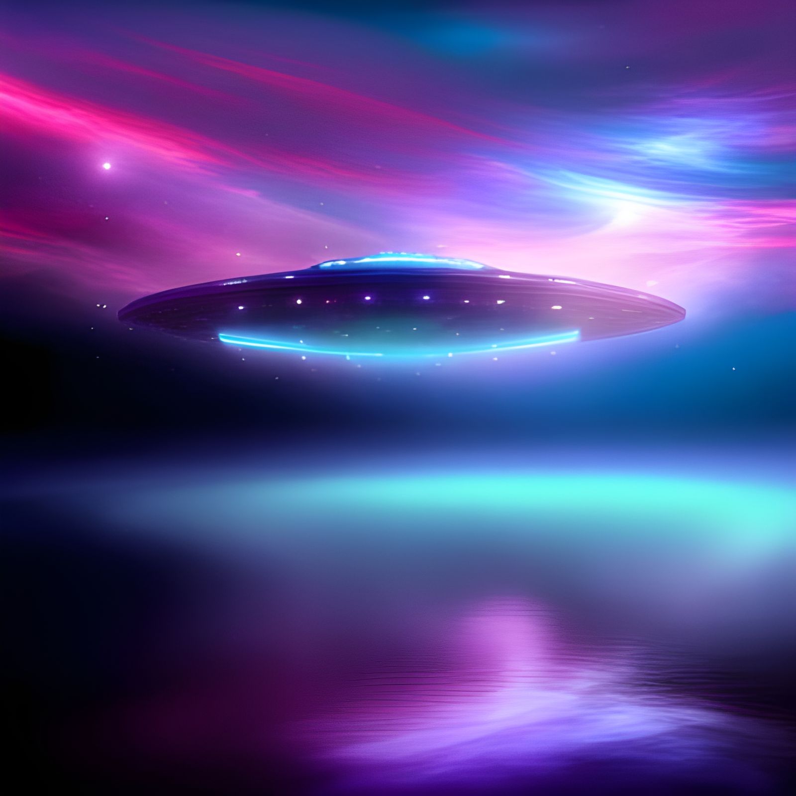 Psychedelic Alien Planet with Neon UFO Mothership