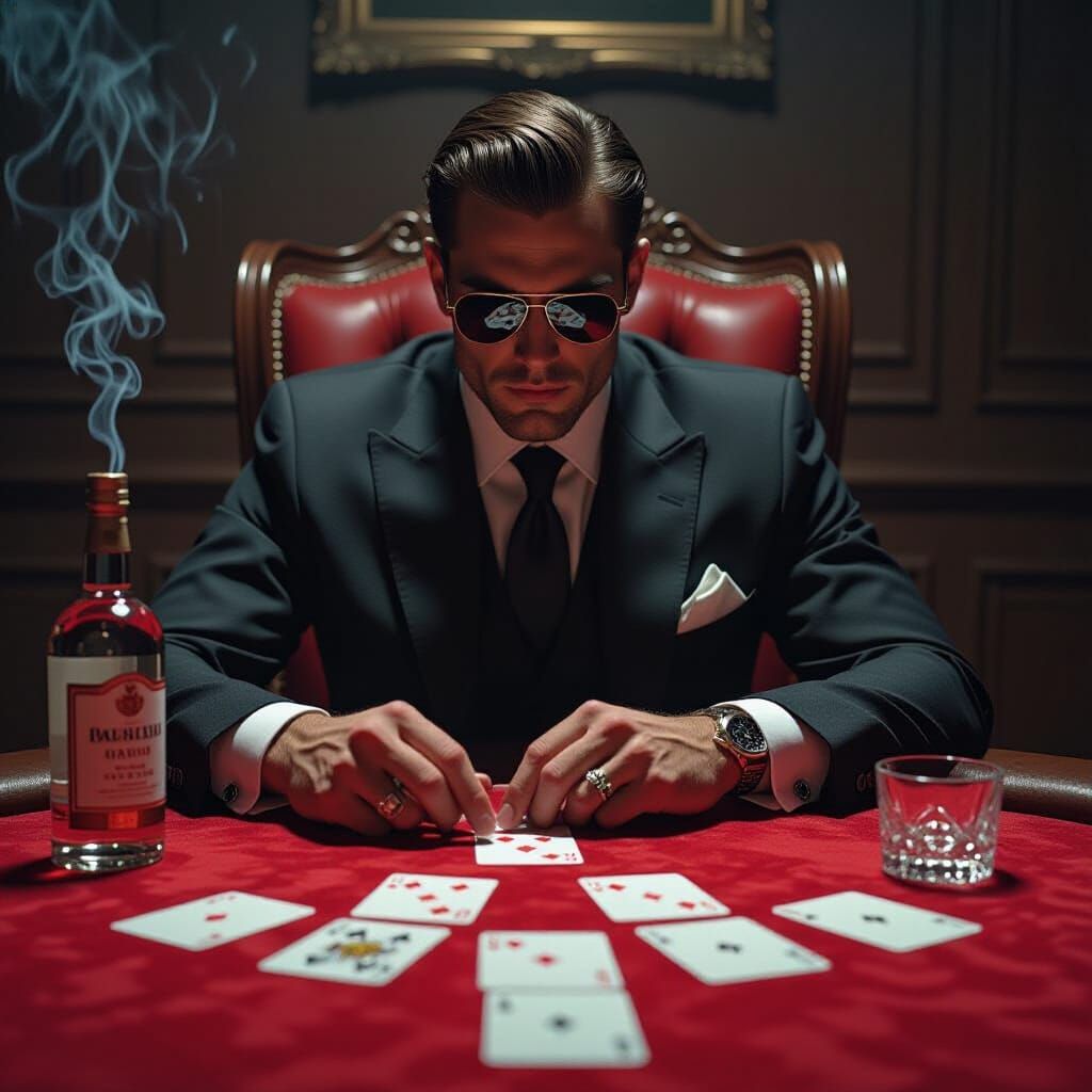 Suited Figure Amidst Playing Cards in Ash Thorp Style