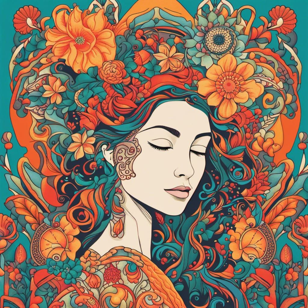 Stylized Woman with Floral Motifs in Bright Colors