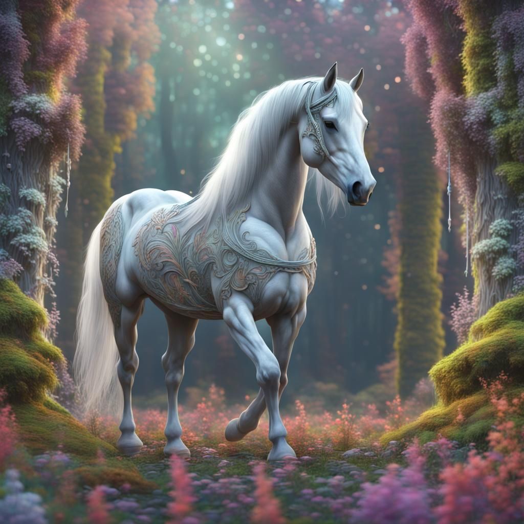 Grey Horse in a Colorful Fairy Forest