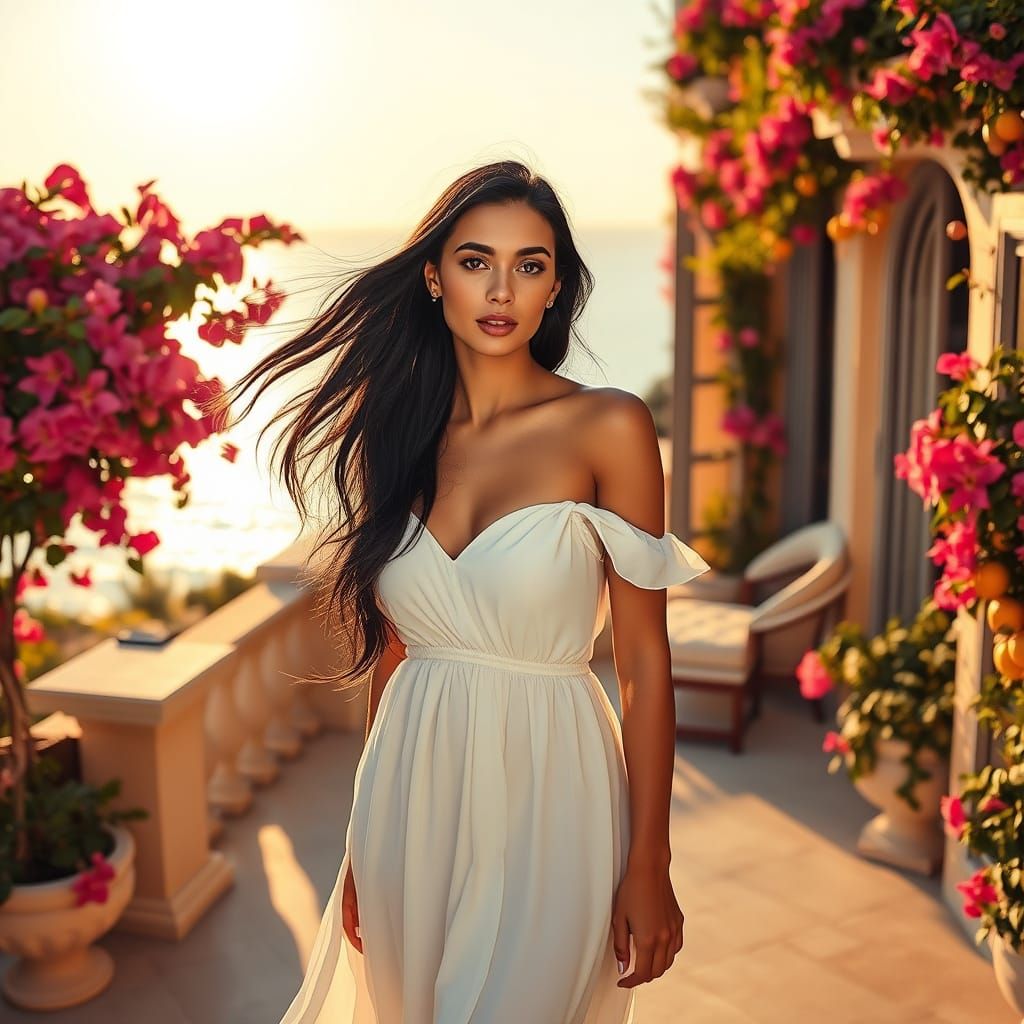 Elegant Woman in Lavish Villa with Mediterranean View