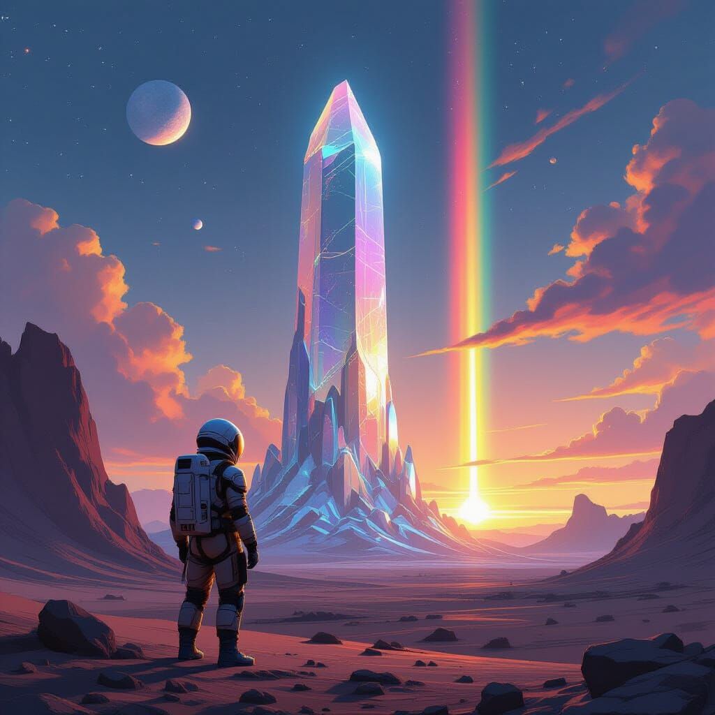 Space Explorer Gazes at Crystalline Alien Structure