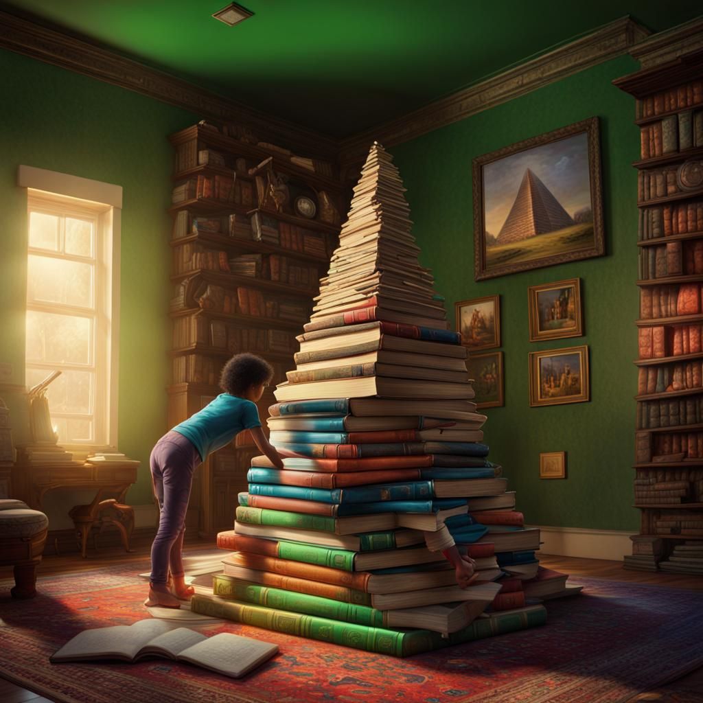 Colorful Book Pyramid with Child Reaching for Knowledge