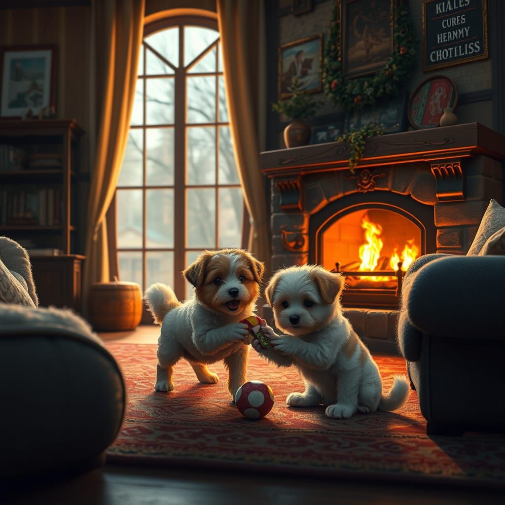 Cozy Family Room with Dogs by the Fireplace