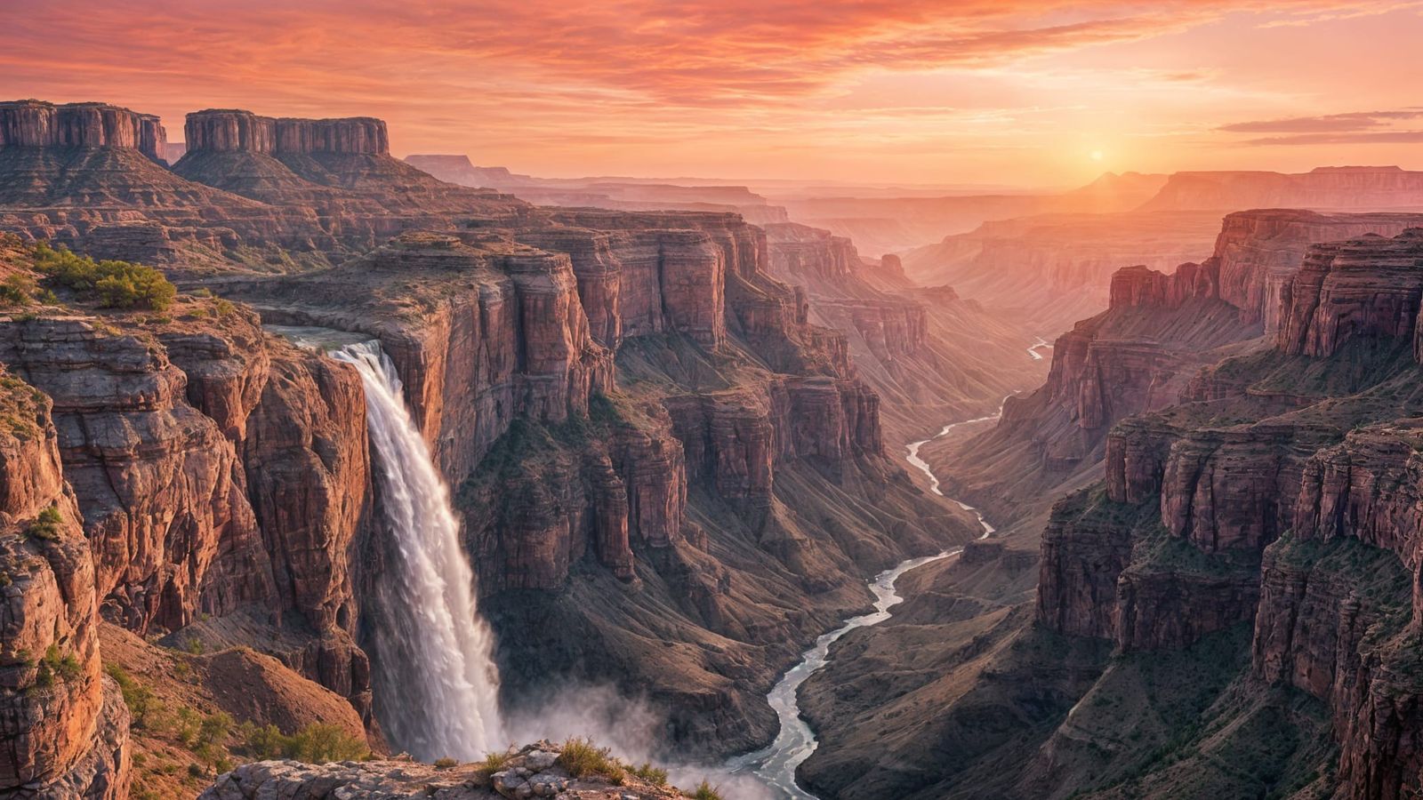 Epic Landscape with Canyon, Waterfall, and Vibrant Sky