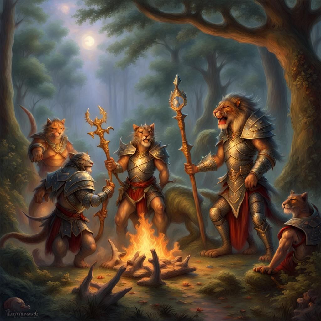 Fantasy Adventuring Party Around Campfire