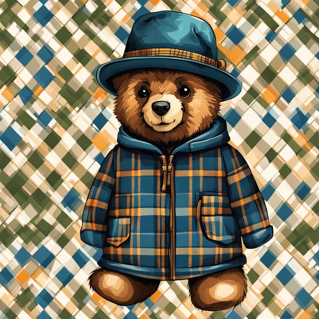 Plaid Pattern - Teddy Bear Wearing his Hat and Jacket