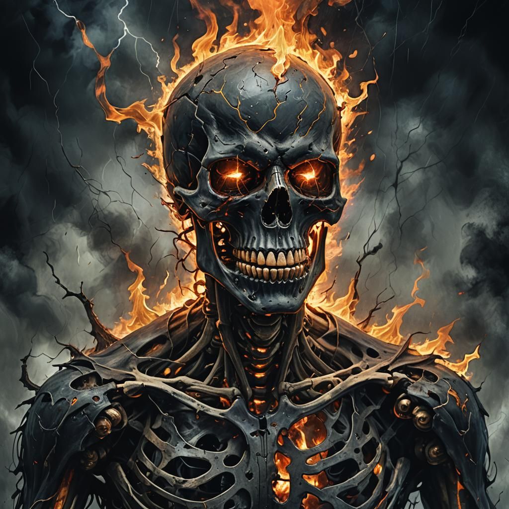 Burning Demon with Skeleton Face in Digital Art