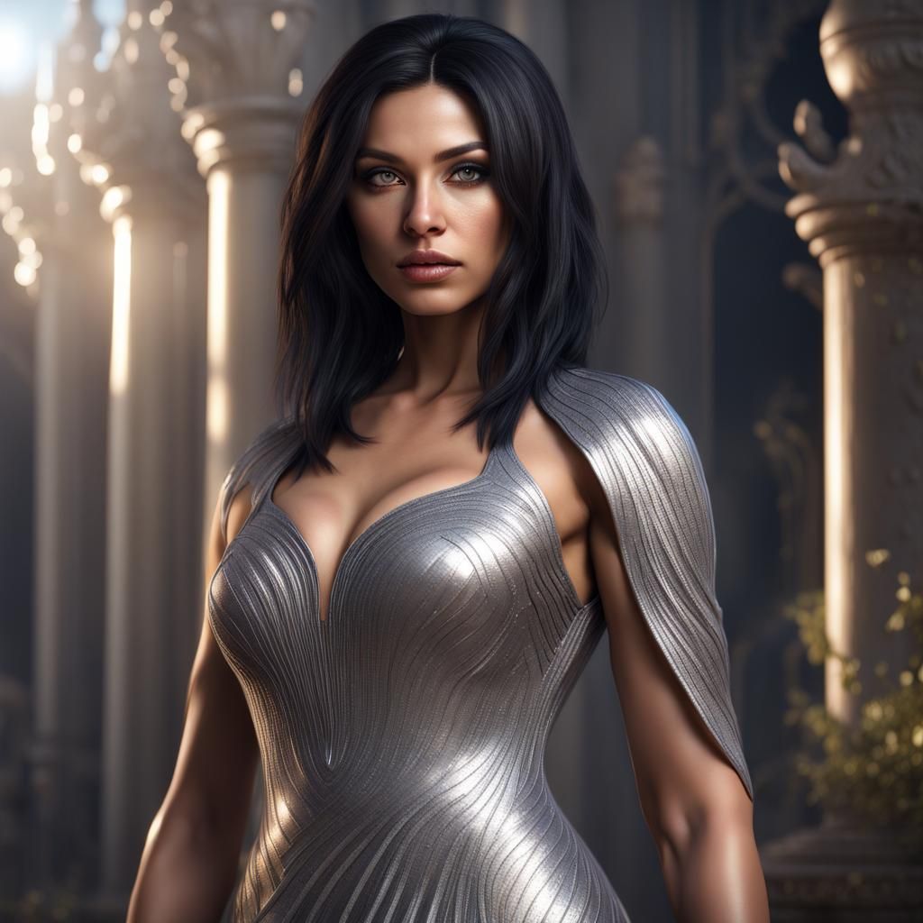 Olive Skinned Woman in Silver Dress, Detailed Matte Painting