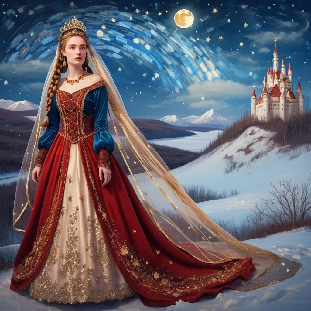 Girl in Scarlet Sarafan Under Starry Tundra Sky