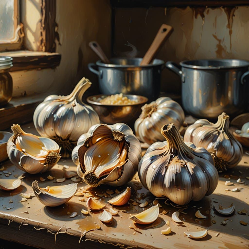 Rotting Garlic Still Life in Oil Painting Style
