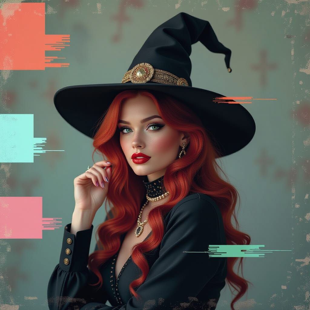 Redhead Witch Portrait Amidst 1950s TV Static Glitch Art