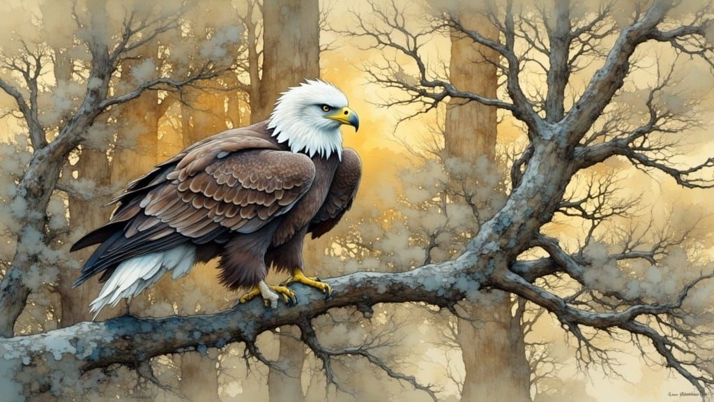 Majestic Bald Eagle Perched in Misty Landscape