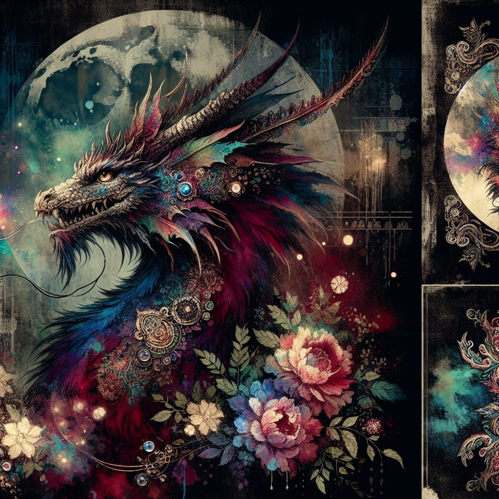 Fantasy Dragon with Floral Crown in Punk Rock Style