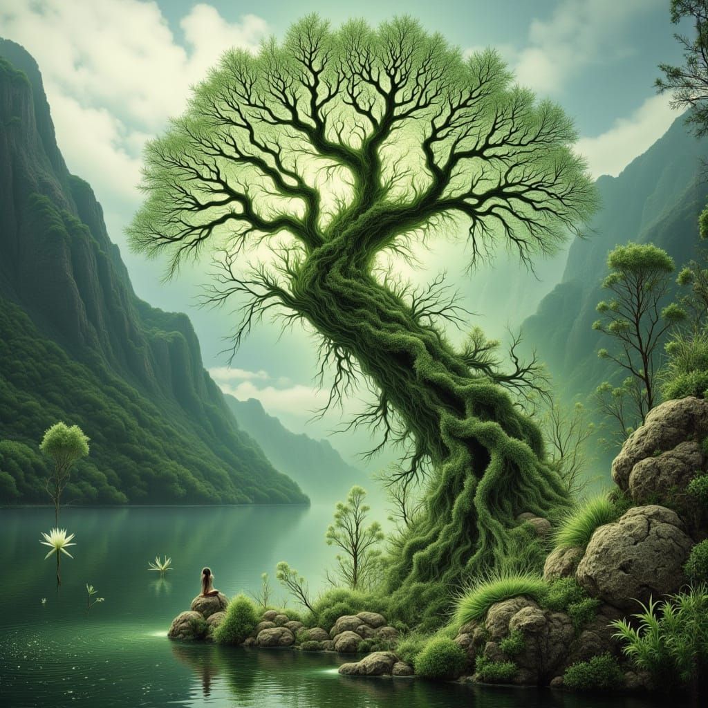 Ethereal Goddess in Dreamlike Filigree Landscape