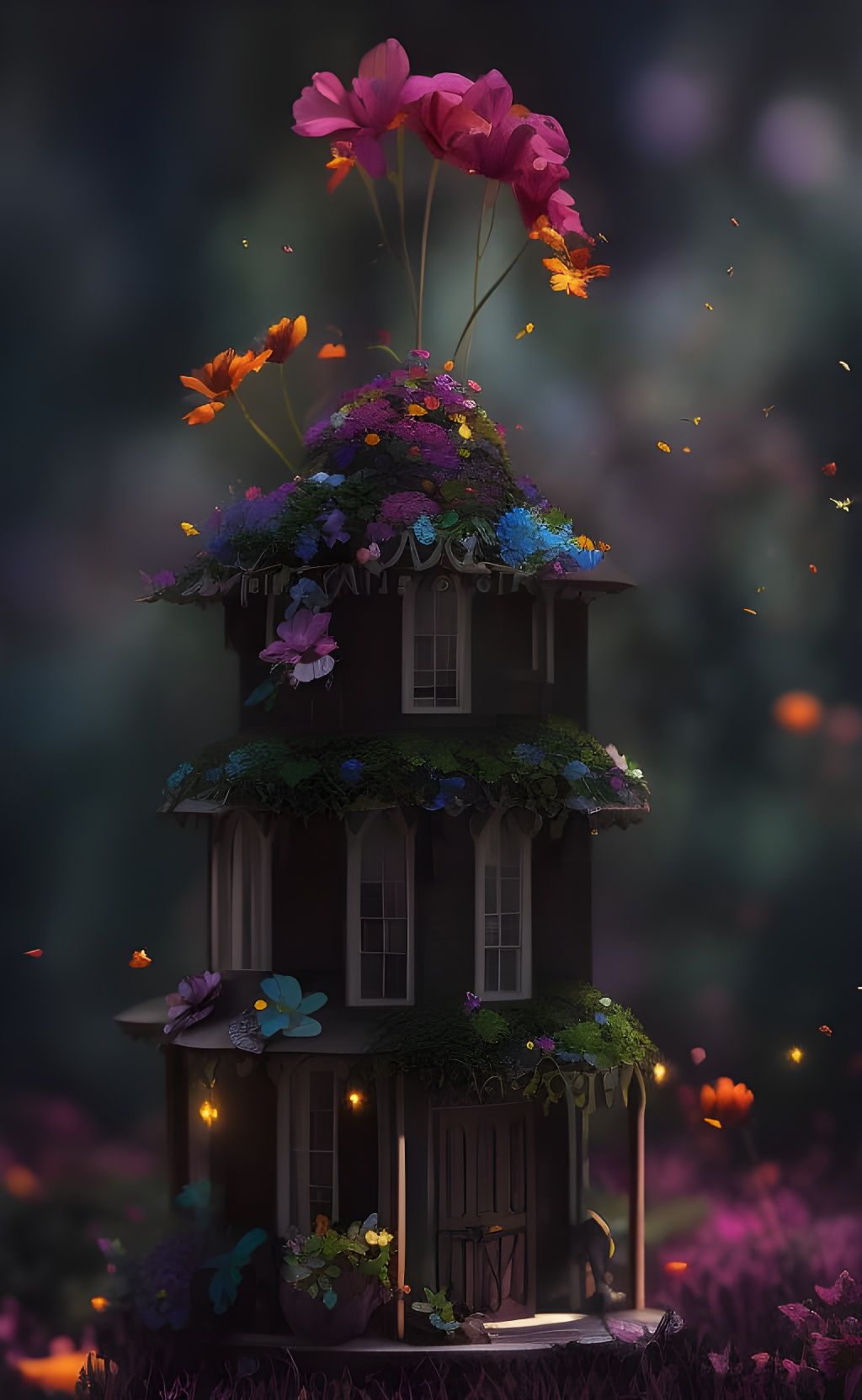 Dark fairy fantasy flower house,  Hyperrealistic, splash art, concept art, mid shot, intricately detailed, color depth, ...