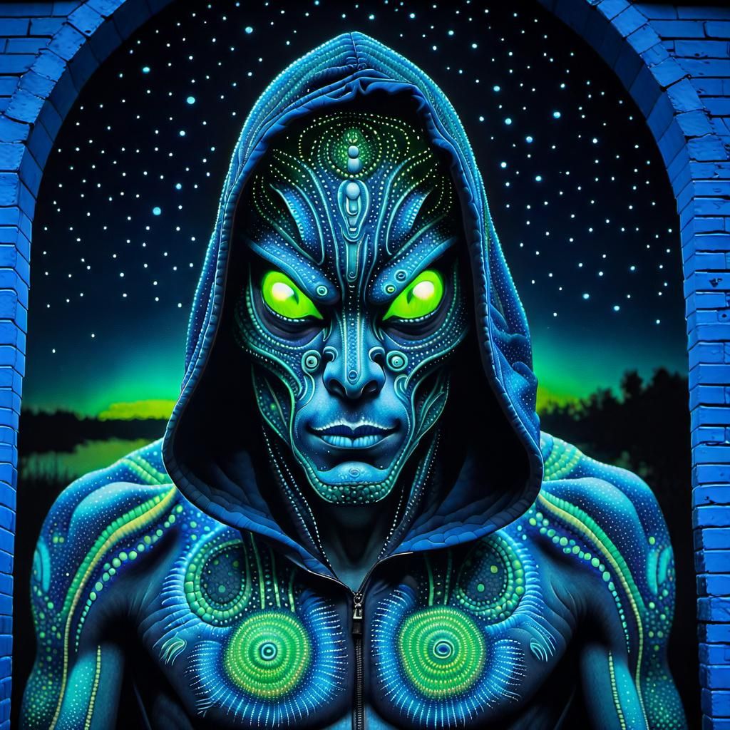 Pointillist Alien Mural in Fluorescent UV Paint