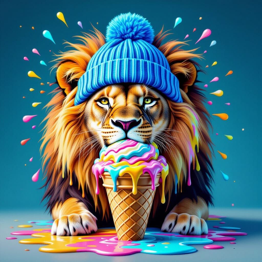 Explosive Lion Ice Cream Cone with Blue Beanie