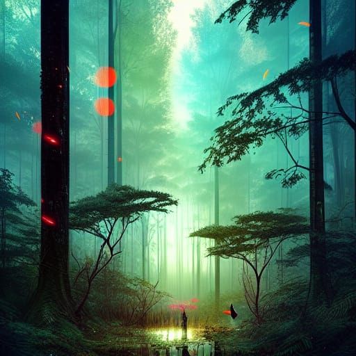 Enchanted Forest with Fireflies at Night