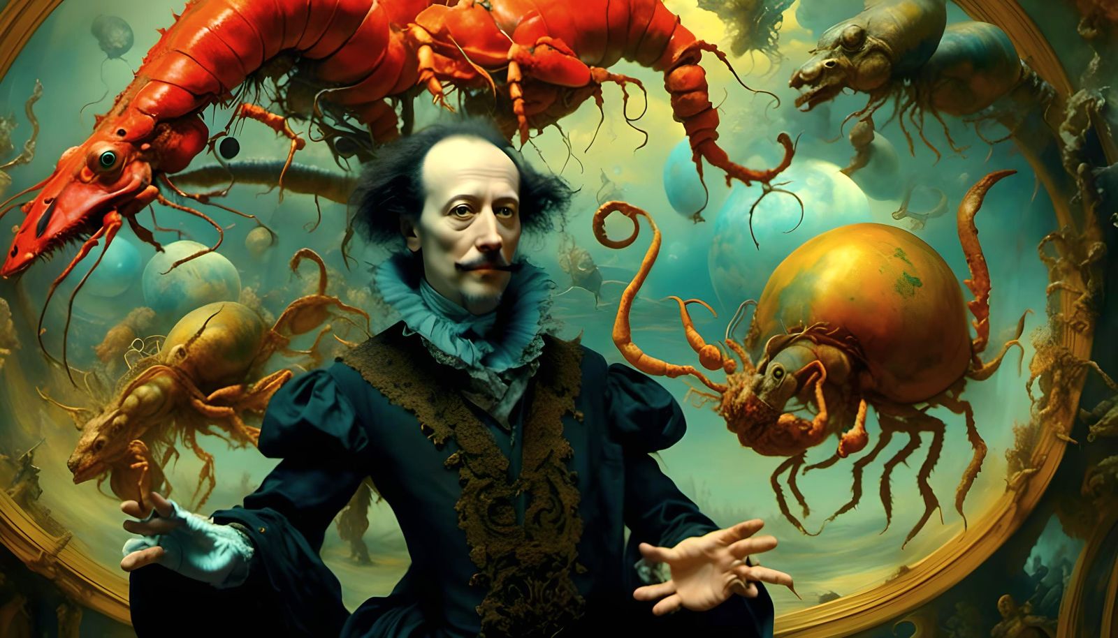 Surreal Shakespeare Cryptid Fusion in Maximalist Style