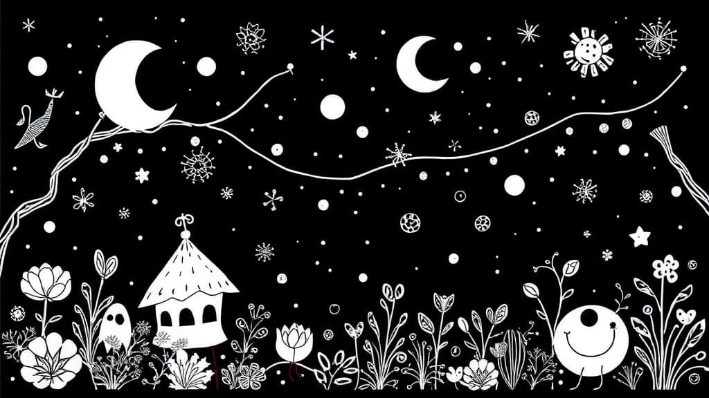 Whimsical White Line Art Illustration with Doodles