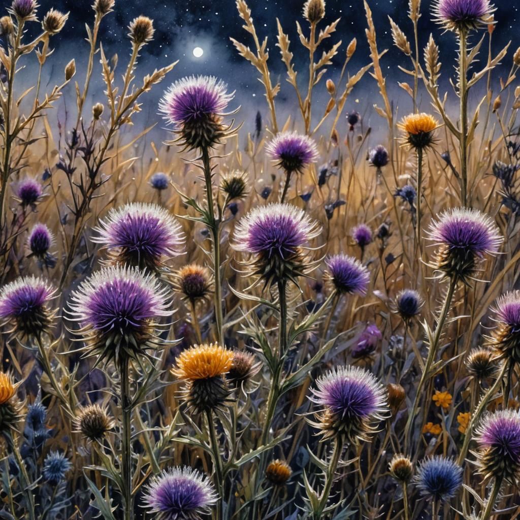 Moonlit Thistle Meadow: Hyperrealistic Watercolor and Ink