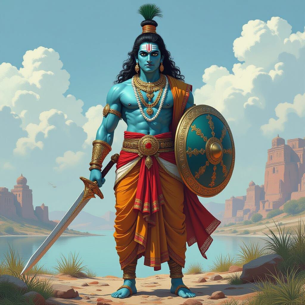 Lord Krishna: Fierce Warrior in Rugged Landscape