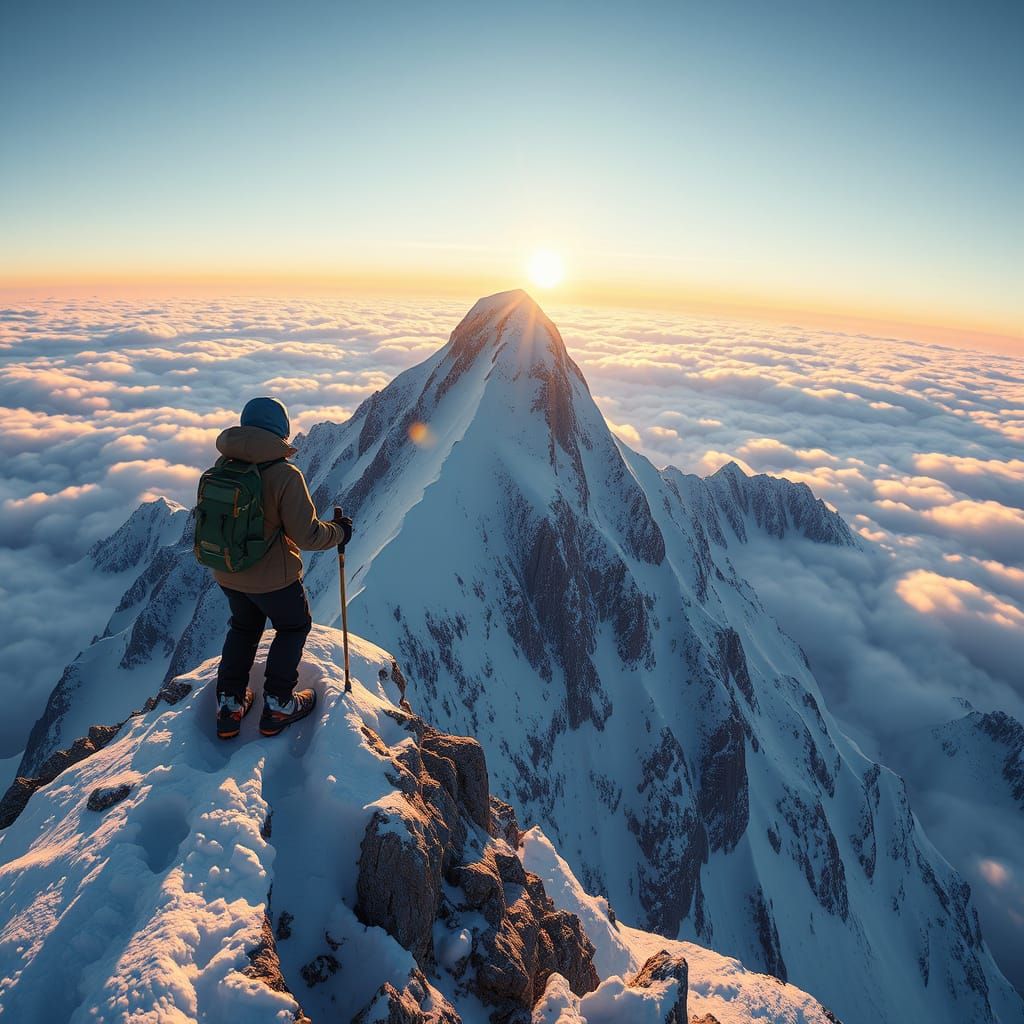 Mountain Climber Reaches Snowy Summit in Dawn's Golden Glow