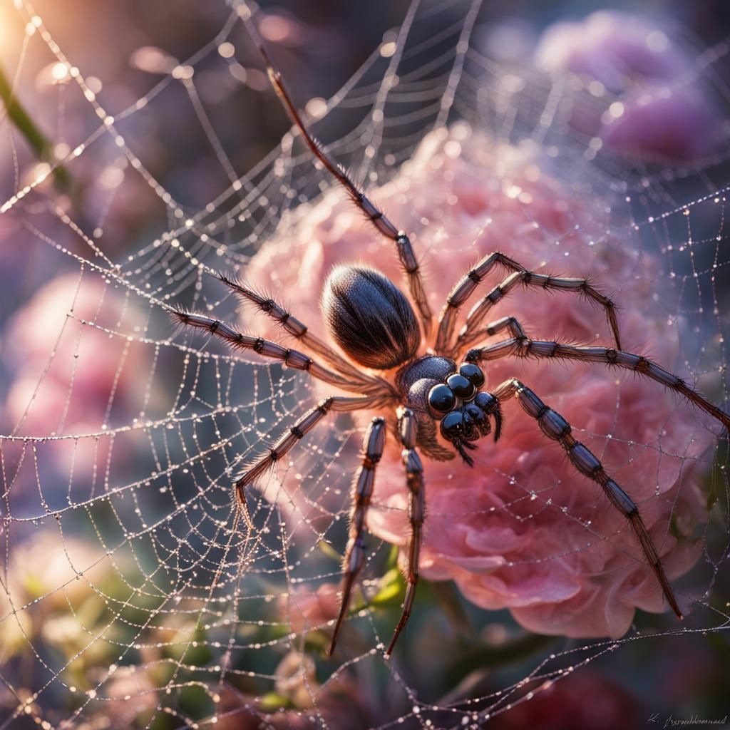 Gossamer Web with Jeweled Spider in Sunlight
