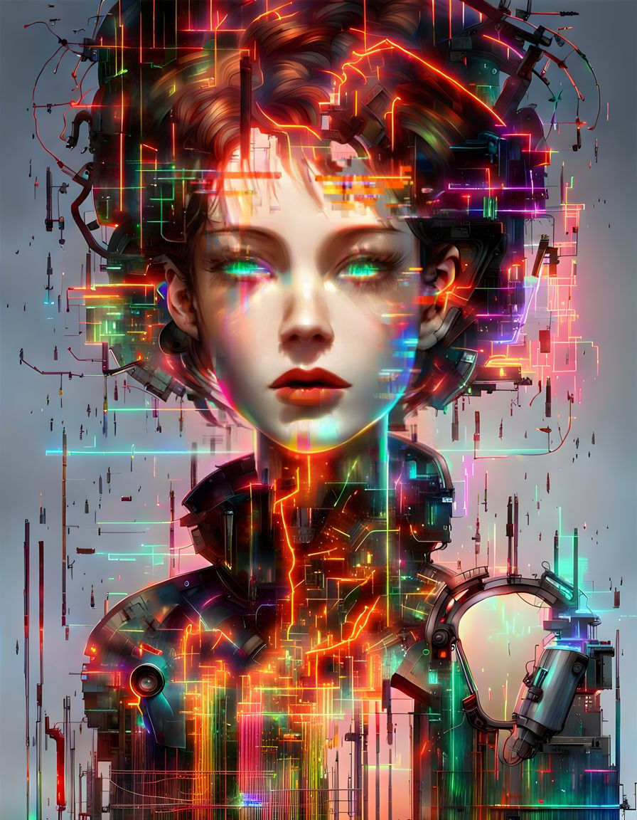 Cyberpunk Matrix Glitch Art in Style of Egon Schiele